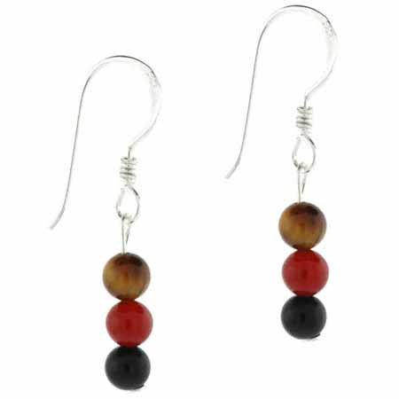Sterling Silver Cats Eye, Onyx, and Carnelian Bead Dangle Earrings E422