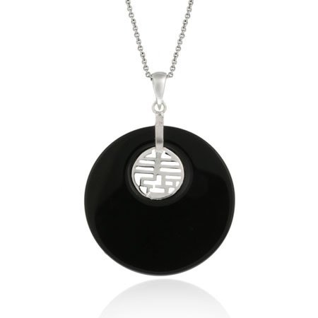 Sterling Silver Chinese Motif 'Longevity' Onyx Disc Pendant P10936O