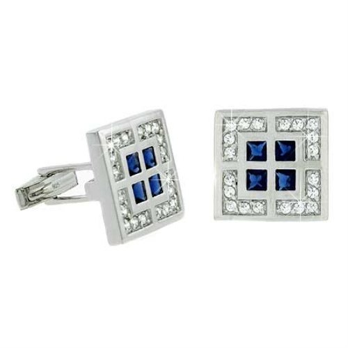 Sterling Silver Clear & Blue CZ Square Geometric Men's Cufflinks CL9374BL