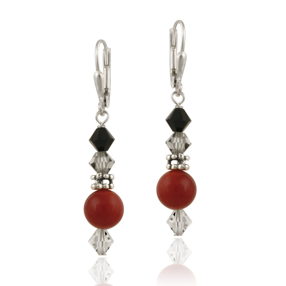 Sterling Silver Coral & Swarovski Elements Dangle Leverback Earrings E12255M