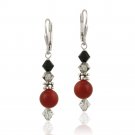 Sterling Silver Coral & Swarovski Elements Dangle Leverback Earrings E12255M