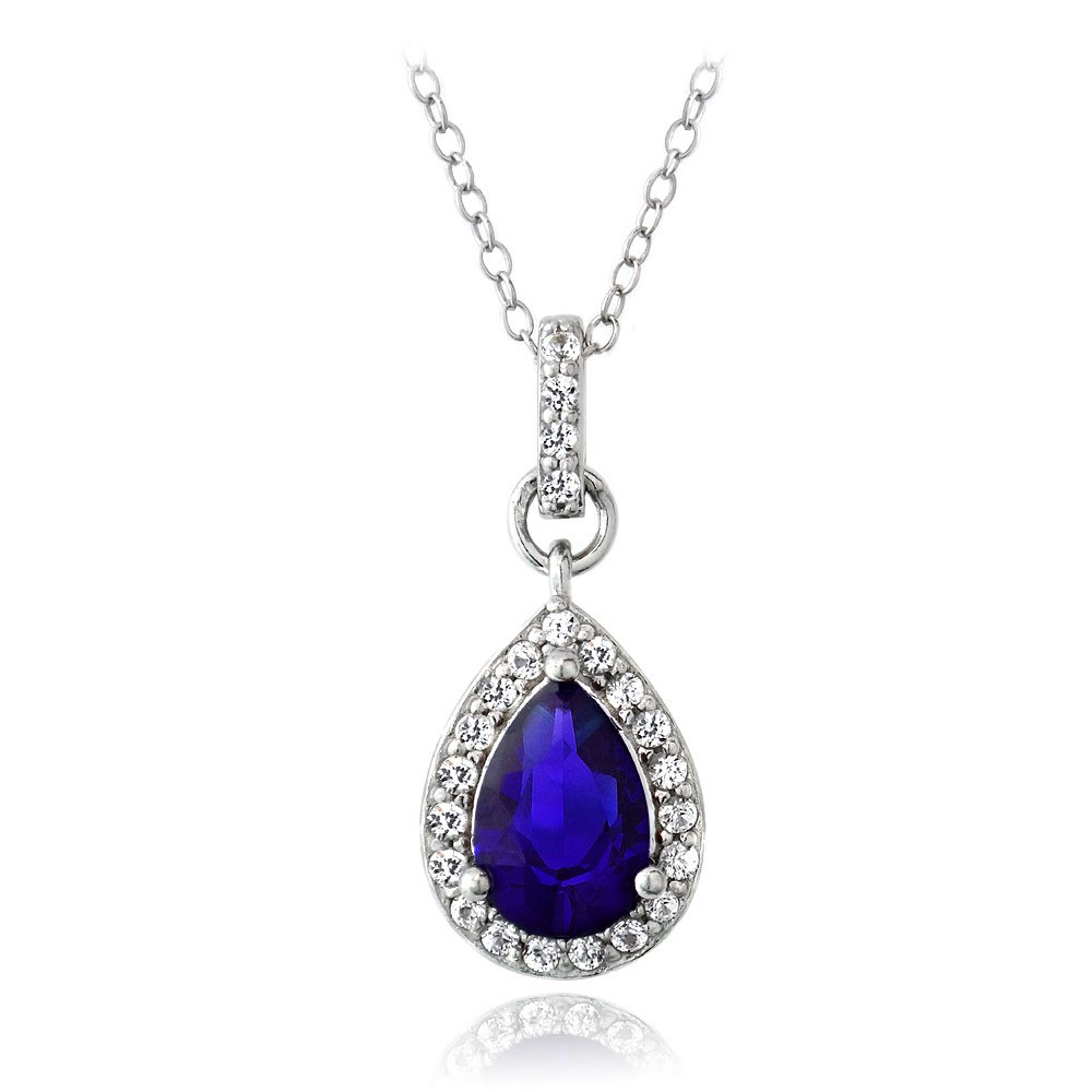 Sterling Silver Created Blue & White Sapphire Teardrop Necklace P13658B2