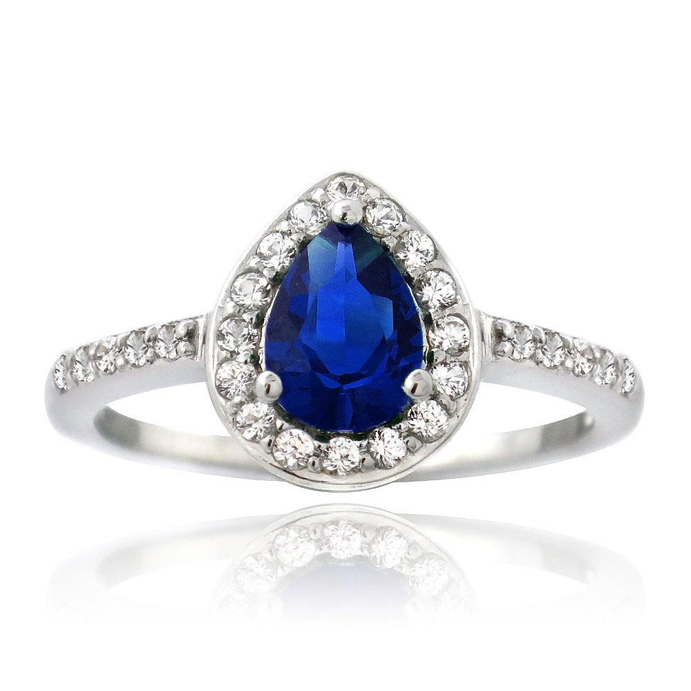 Sterling Silver Created Blue & White Sapphire Teardrop Ring R13658B2-7