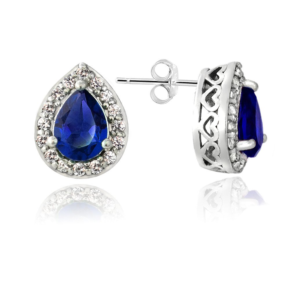 Sterling Silver Created Blue & White Sapphire Teardrop Stud Earrings E13658B2