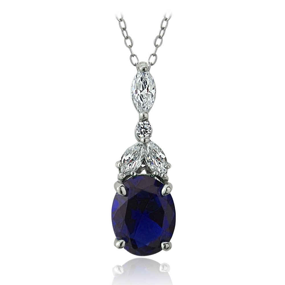 Sterling Silver Created Blue Sapphire & CZ Marquise Oval Necklace P13631B2