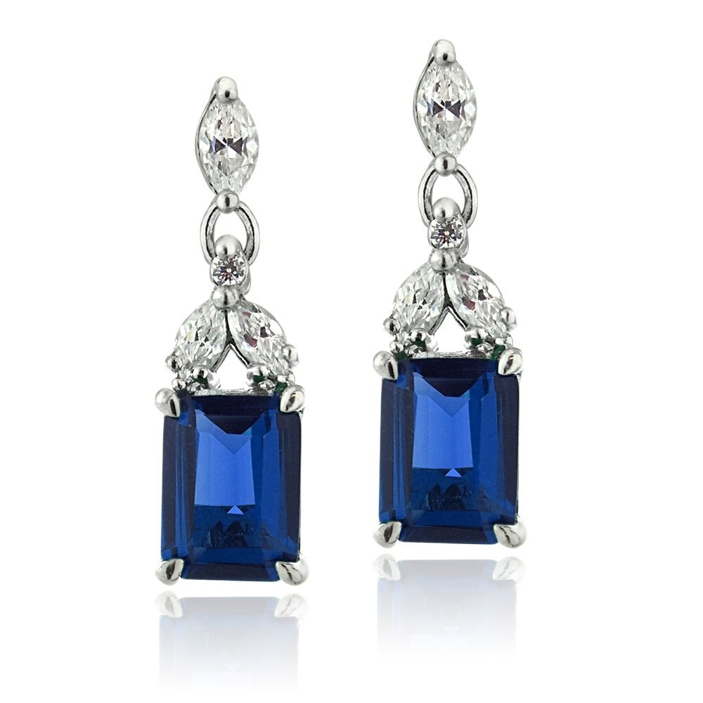 Sterling Silver Created Blue Sapphire & CZ Rectangle Dangle Earrings E13630B2