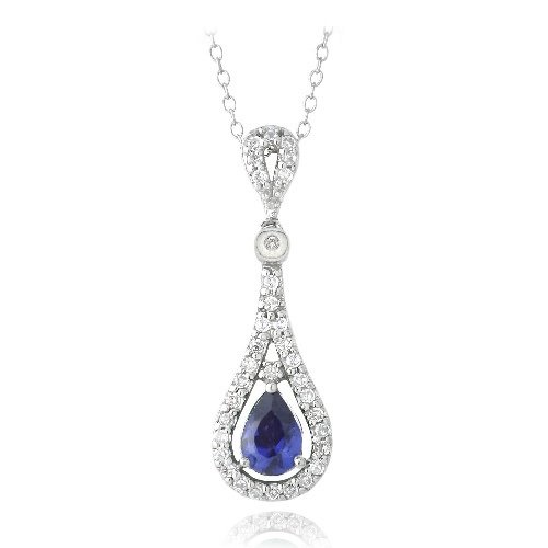 Sterling Silver Created Blue Sapphire & CZ Teardrop Necklace P13043BL