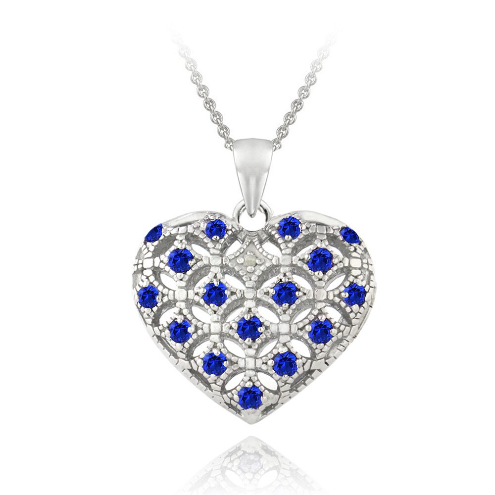 Sterling Silver Created Blue Sapphire & Diamond Accent Heart Locket Necklace P13192B2