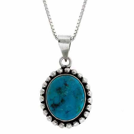Sterling Silver Created Blue Turquoise Bali Bead Oval Pendant P8403TQ1