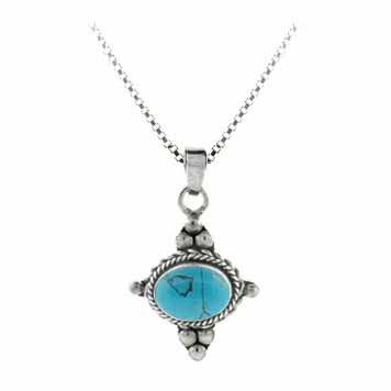 Sterling Silver Created Blue Turquoise East West Bali Beaded Pendant P8396TQ1