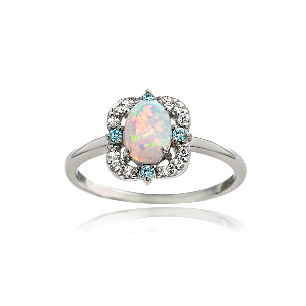 Sterling Silver Created Opal with Blue & White Topaz Scallop Frame Oval Ring R13863M29-7