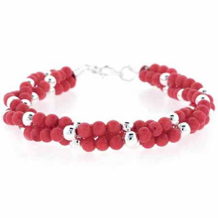 Sterling Silver Created Pink Coral Beaded Three Strand Torsade Bracelet B8118C2