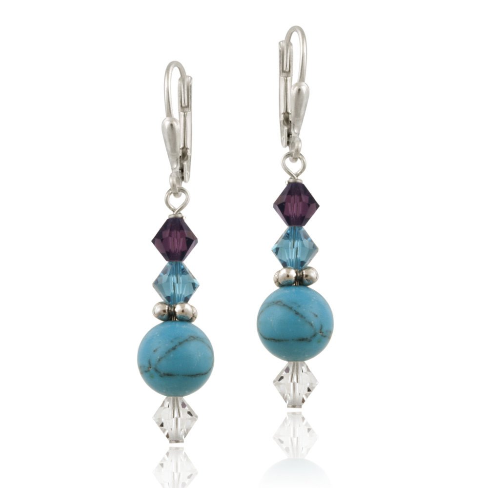 Sterling Silver Created Turquoise & Swarovski Elements Dangle Leverback Earrings E12255M4