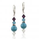 Sterling Silver Created Turquoise & Swarovski Elements Dangle Leverback Earrings E12255M4