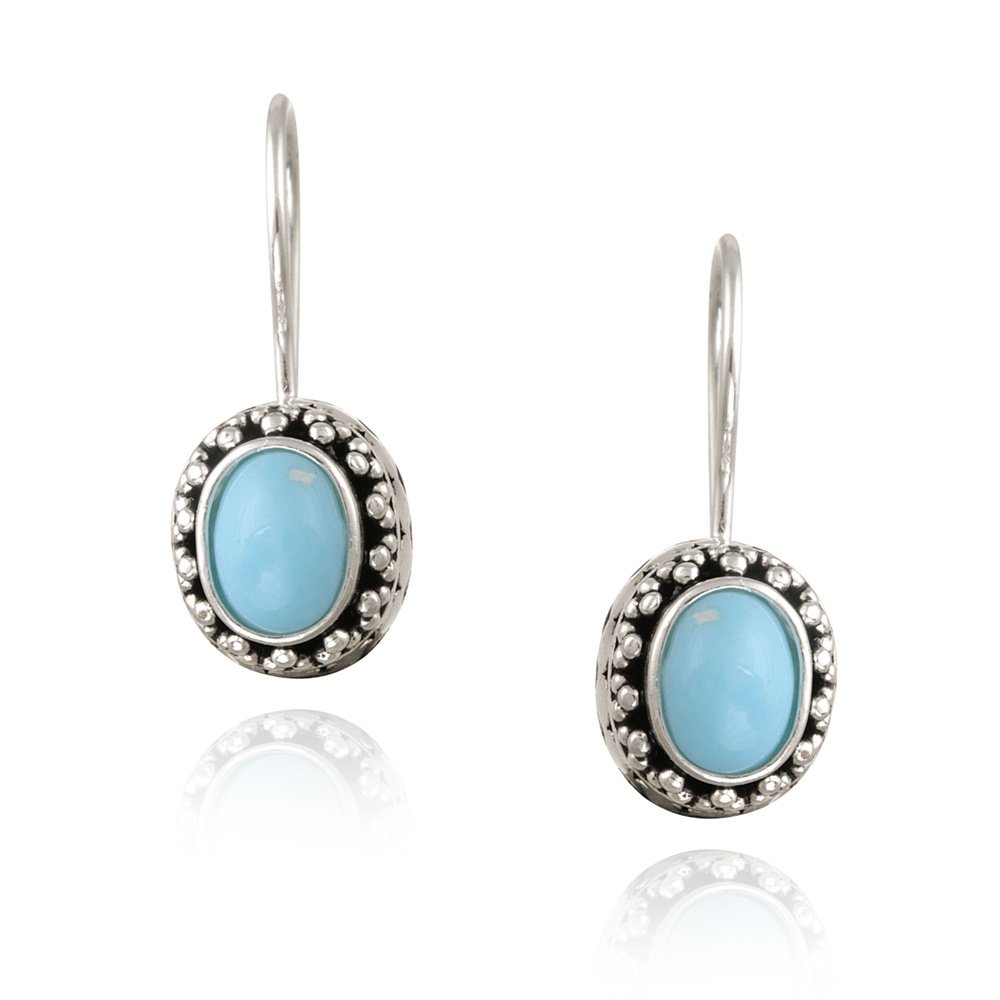 Sterling Silver Created Turquoise Bali Bead Oval Leverback Earrings E8662TQ1
