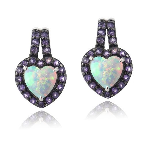 Sterling Silver Created White Opal & Amethyst Heart Drop Earrings E13594SPA