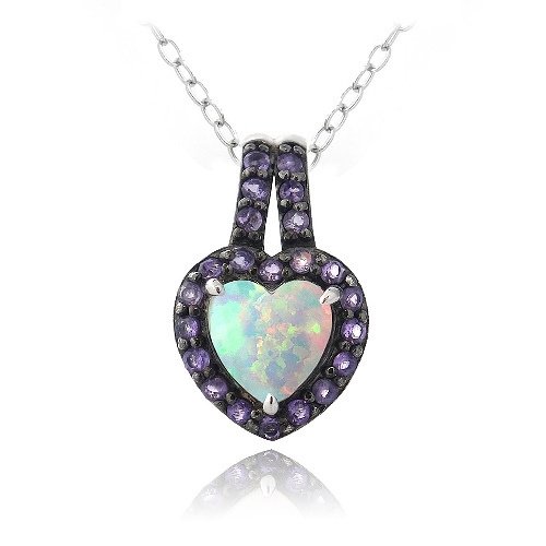 Sterling Silver Created White Opal & Amethyst Heart Drop Pendant P13594SPA