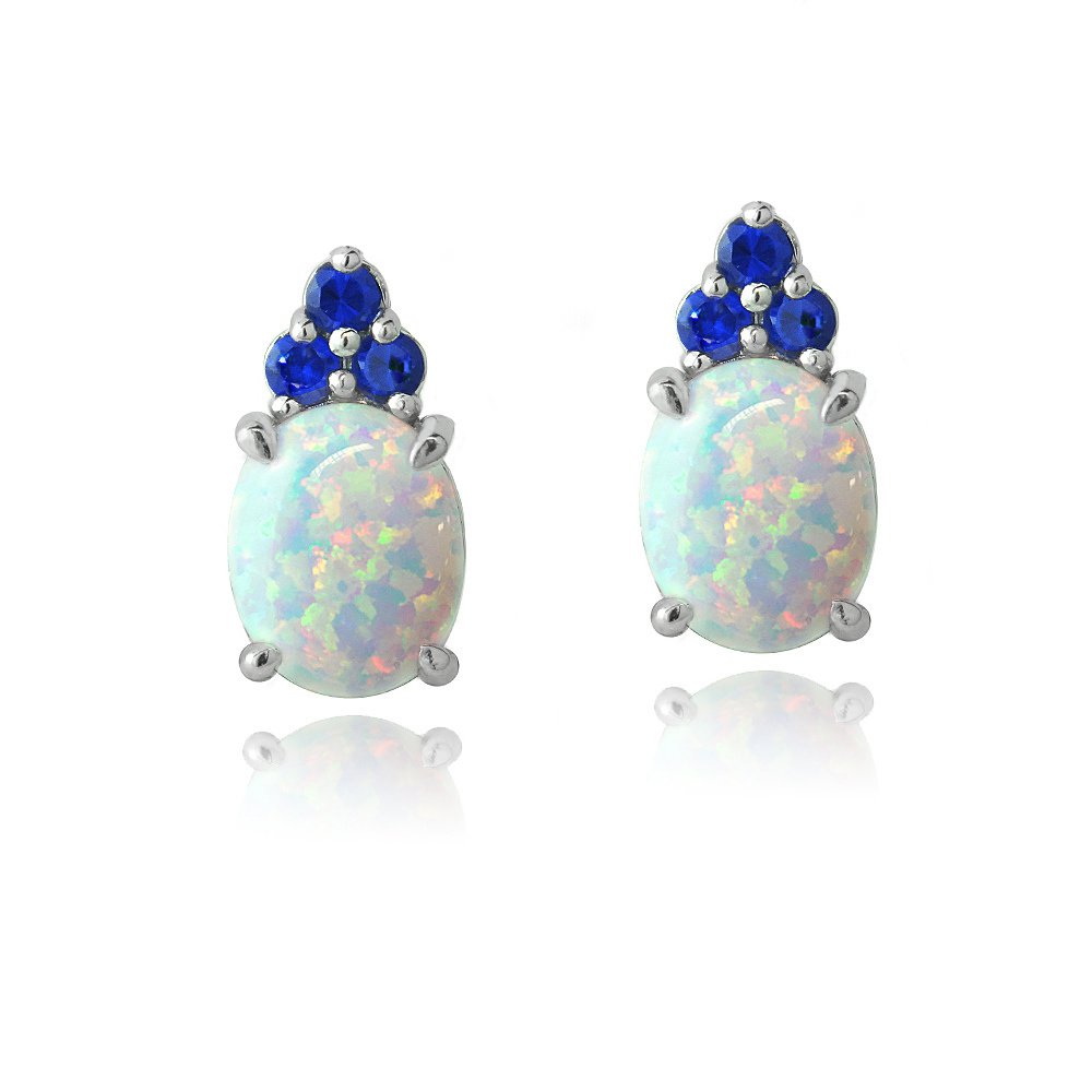 Sterling Silver Created White Opal & Blue Sapphire Oval Drop Earrings E13505OB2