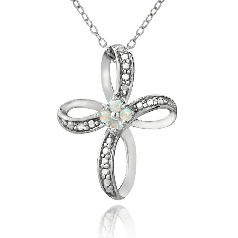 Sterling Silver Created White Opal & Diamond Accent Cross Pendant P10723SOP