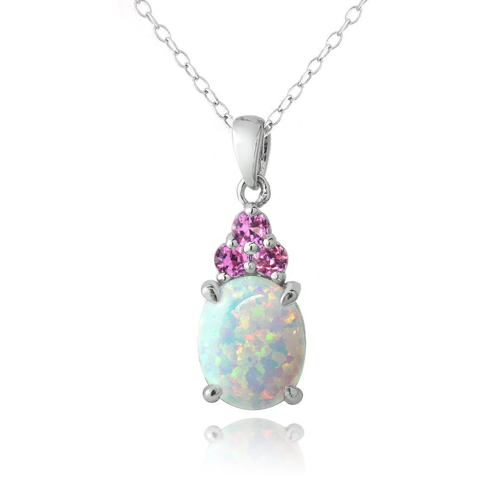 Sterling Silver Created White Opal & Pink Sapphire Oval Necklace P13505OCPS