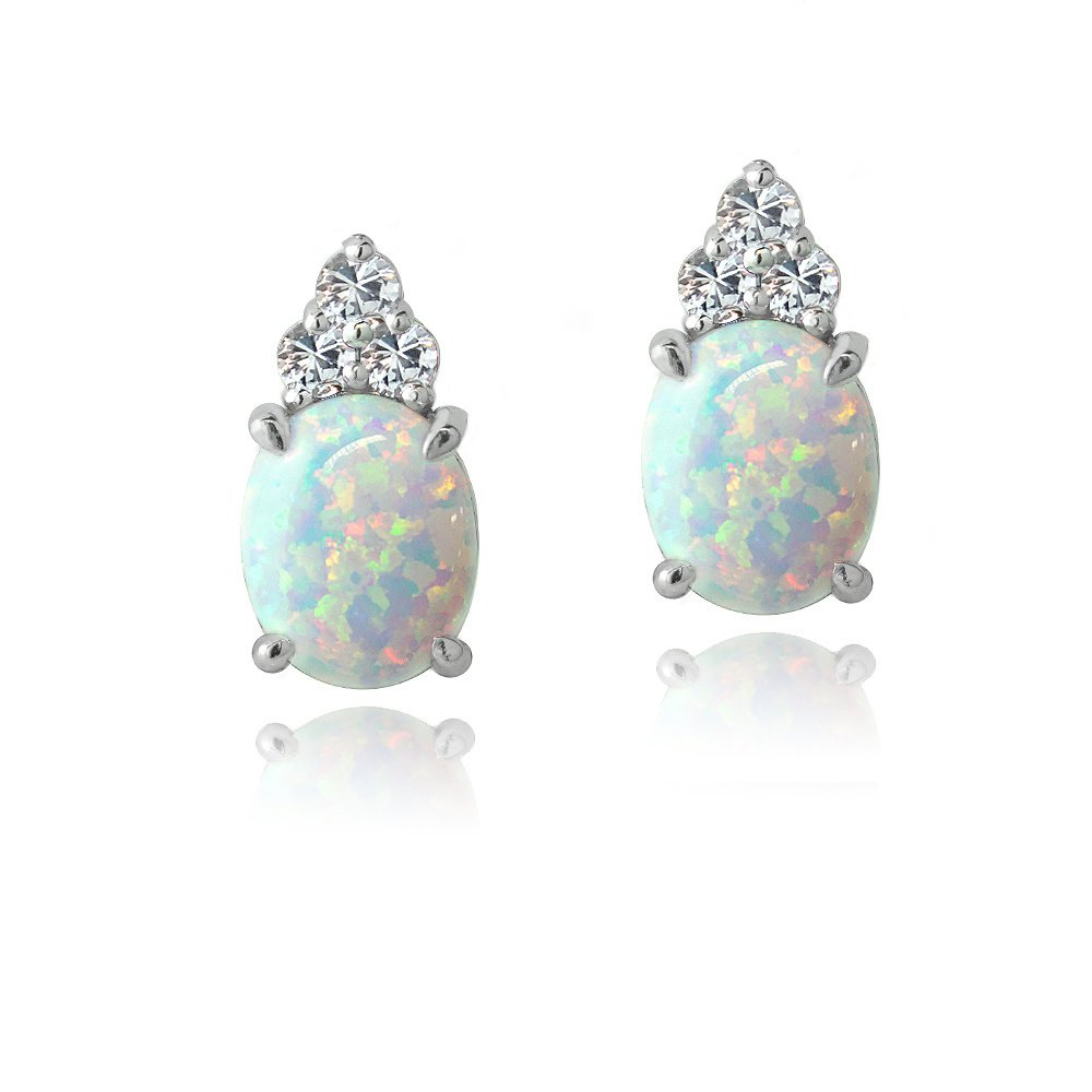 Sterling Silver Created White Opal & White Sapphire Oval Drop Earrings E13505OCWS