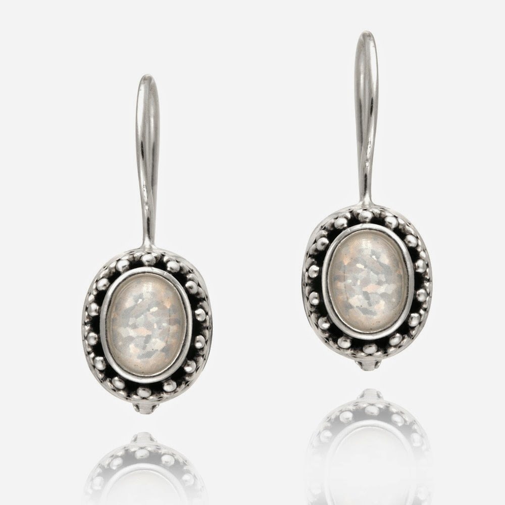 Sterling Silver Created White Opal Bali Bead Oval Leverback Earrings E8662SOP