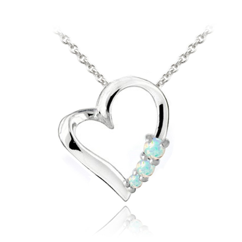 Sterling Silver Created White Opal Three Stone Floating Heart Necklace P13393SOP
