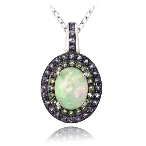 Sterling Silver Created White Opal, Amethyst & Peridot Oval Necklace P13595M