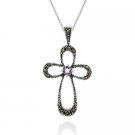 Sterling Silver Cross Genuine Amethyst - Marcasite Pendant 1375