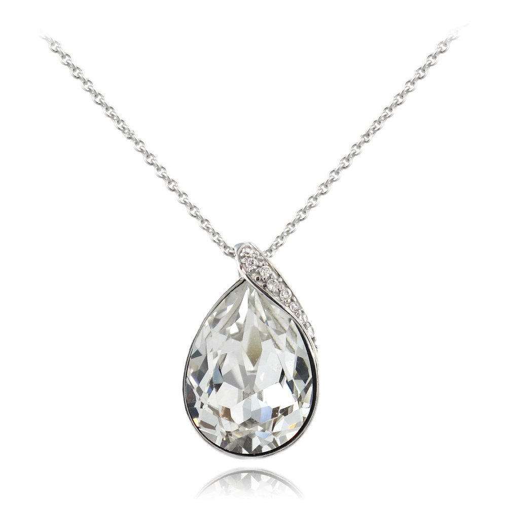 Sterling Silver CZ & Clear Teardrop Necklace Made with Swarovski Elements P13580CR