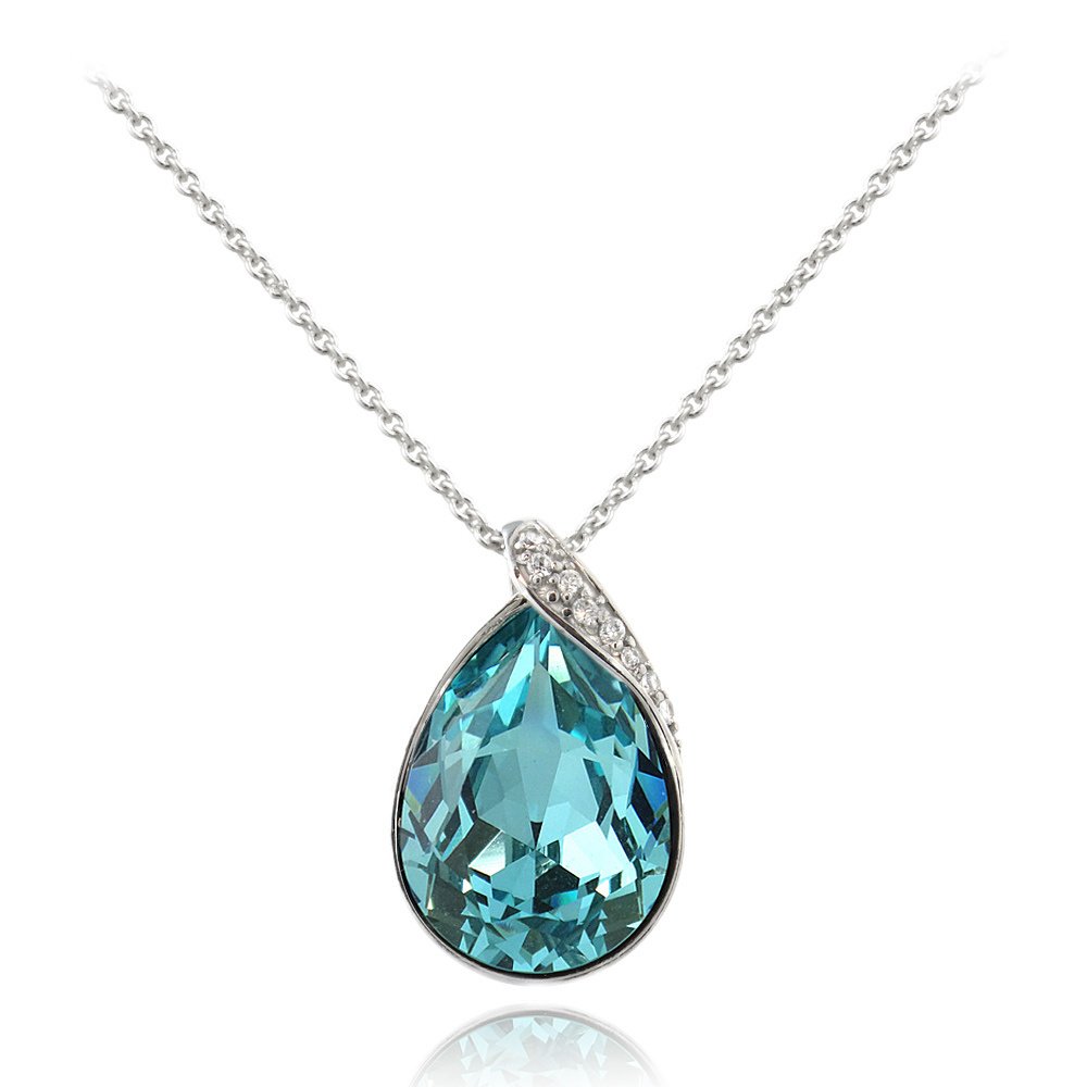 Sterling Silver CZ & Light Blue Teardrop Necklace Made with Swarovski Elements P13580TQL