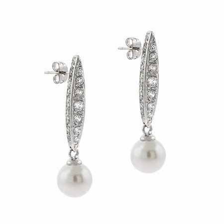 Sterling Silver CZ & Simulated White Pearl Dangle Earrings E8139PL