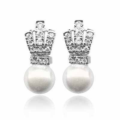 Sterling Silver CZ and Simulated Pearl Earrings E2735