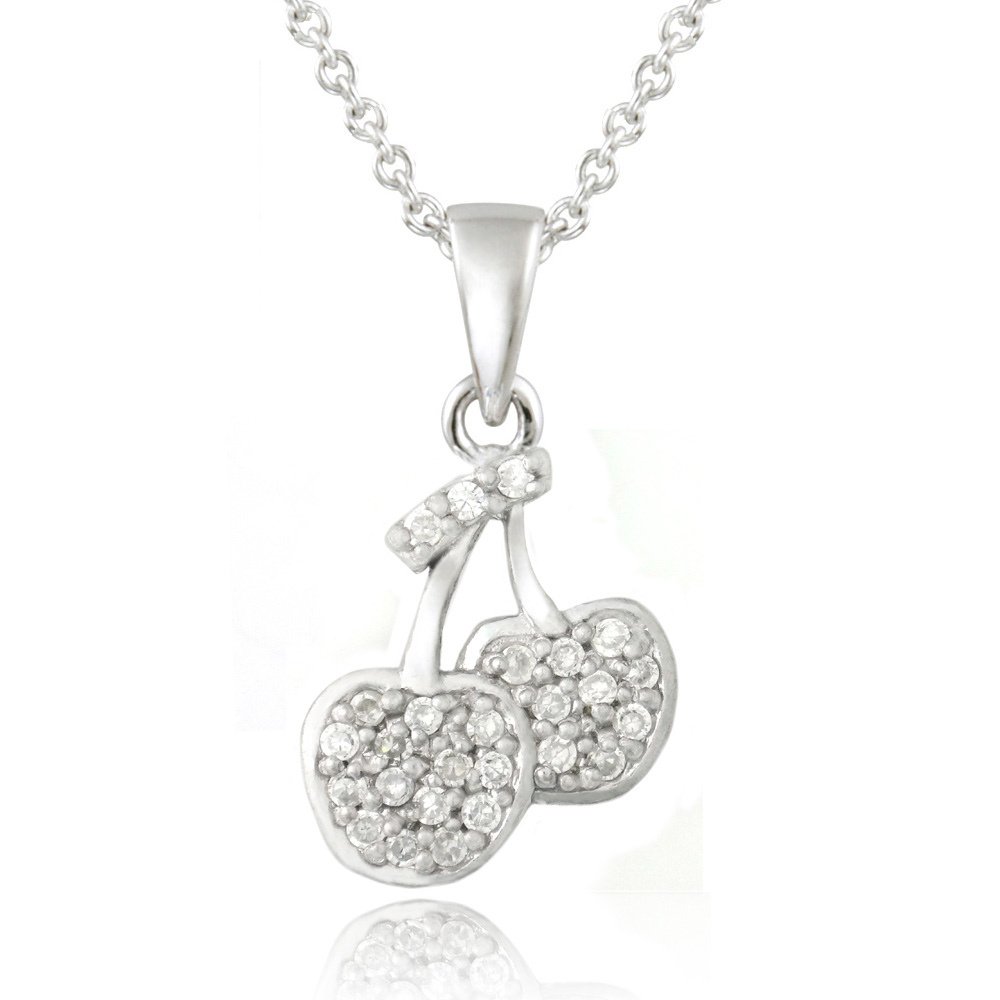 Sterling Silver CZ Double Cherries Novelty Necklace P13246