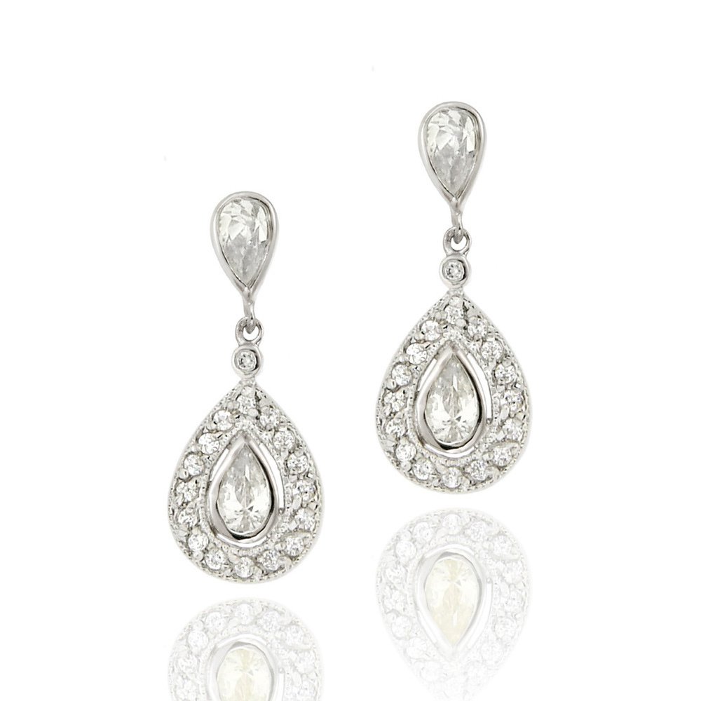 Sterling Silver CZ Double Teardrop Dangle Earrings E12519