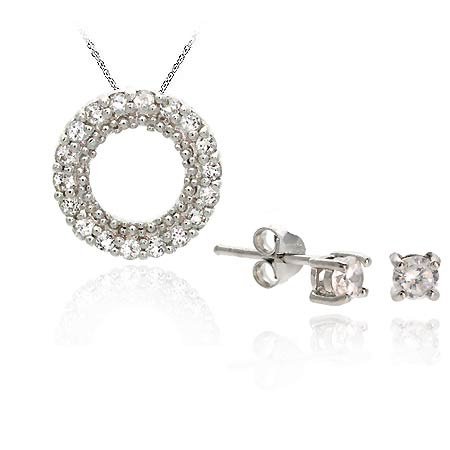 Sterling Silver CZ Eternity Pendant & Stud Earring Set S10138