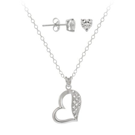 Sterling Silver CZ Floating Heart Pendant & Stud Earrings Set S11070
