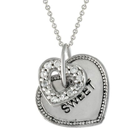 Sterling Silver CZ Heart & Heart Tag 'Sweet' Pendant P10677