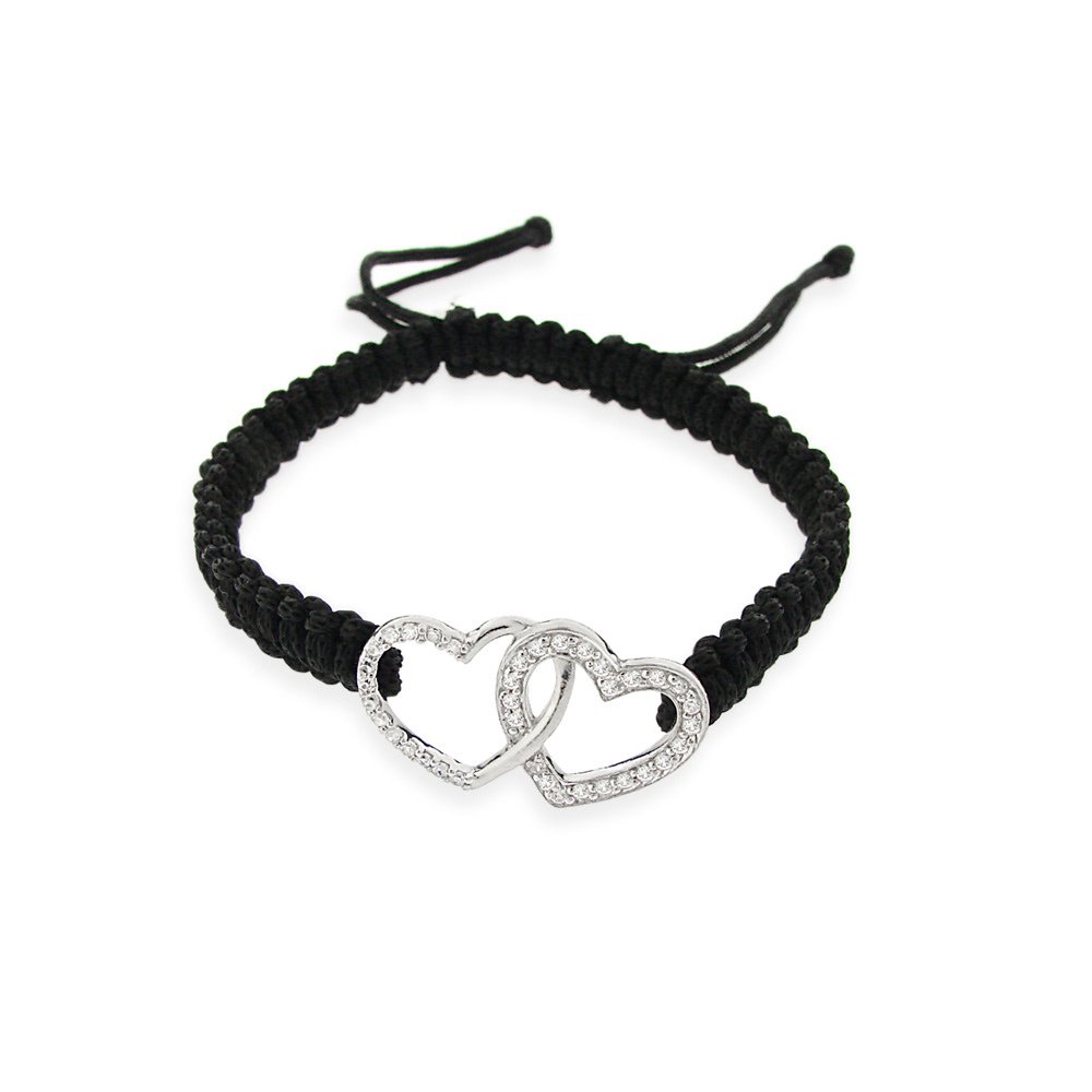 Sterling Silver CZ Heart Adjustable Weave Bracelet B12387