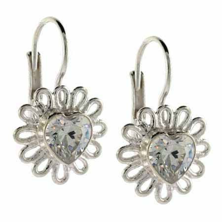 Sterling Silver CZ Heart Flower Leverback Earrings E8014