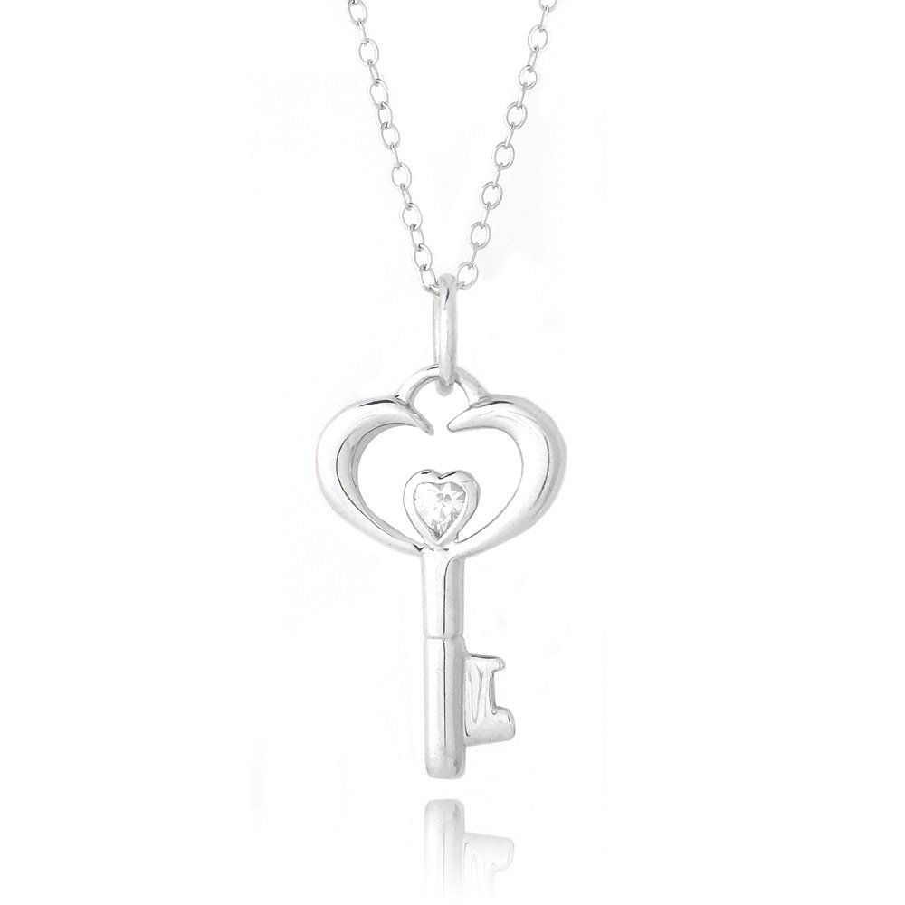 Sterling Silver CZ Heart Key Necklace P13115