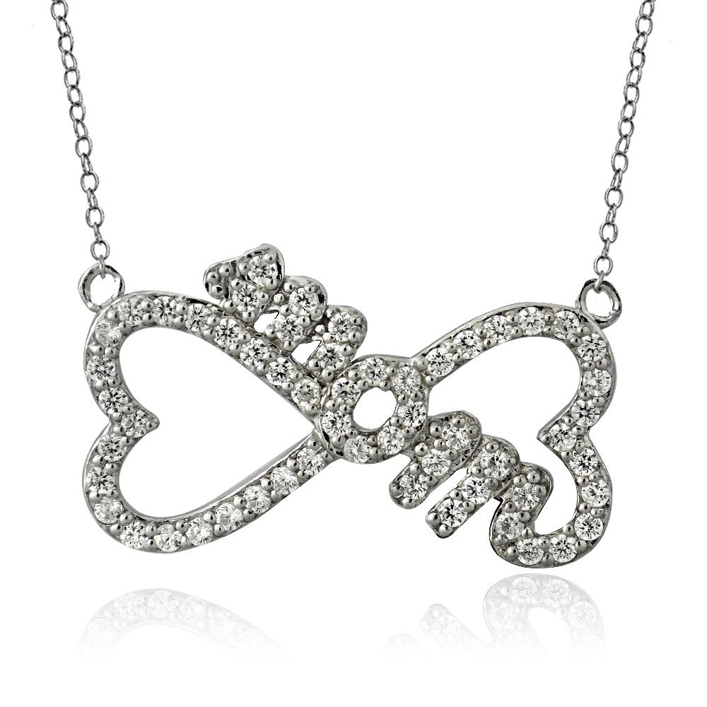 Sterling Silver CZ MOM Infinity Heart Necklace P13869