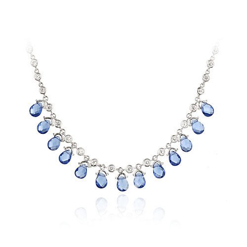 Sterling Silver CZ Necklace w- Dark Blue CZ Briolette Teardrops N11470TZ