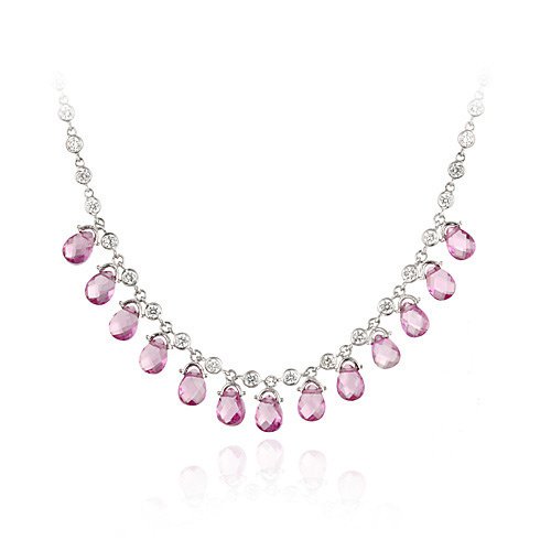 Sterling Silver CZ Necklace w- Dark Pink CZ Briolette Teardrops N11470DP