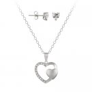Sterling Silver CZ Twin Heart Necklace & Stud Earrings Set S11071