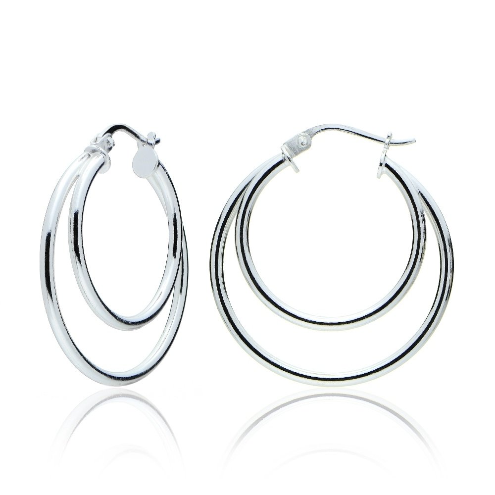 Sterling Silver Double Circle Round-Tube Polished Hoop Earrings, 30mm H14571-30