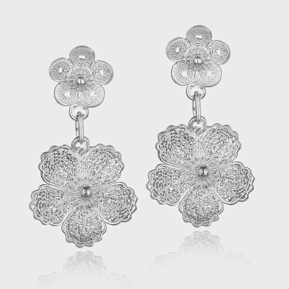 Sterling Silver Double Flower Dangle Earrings E451