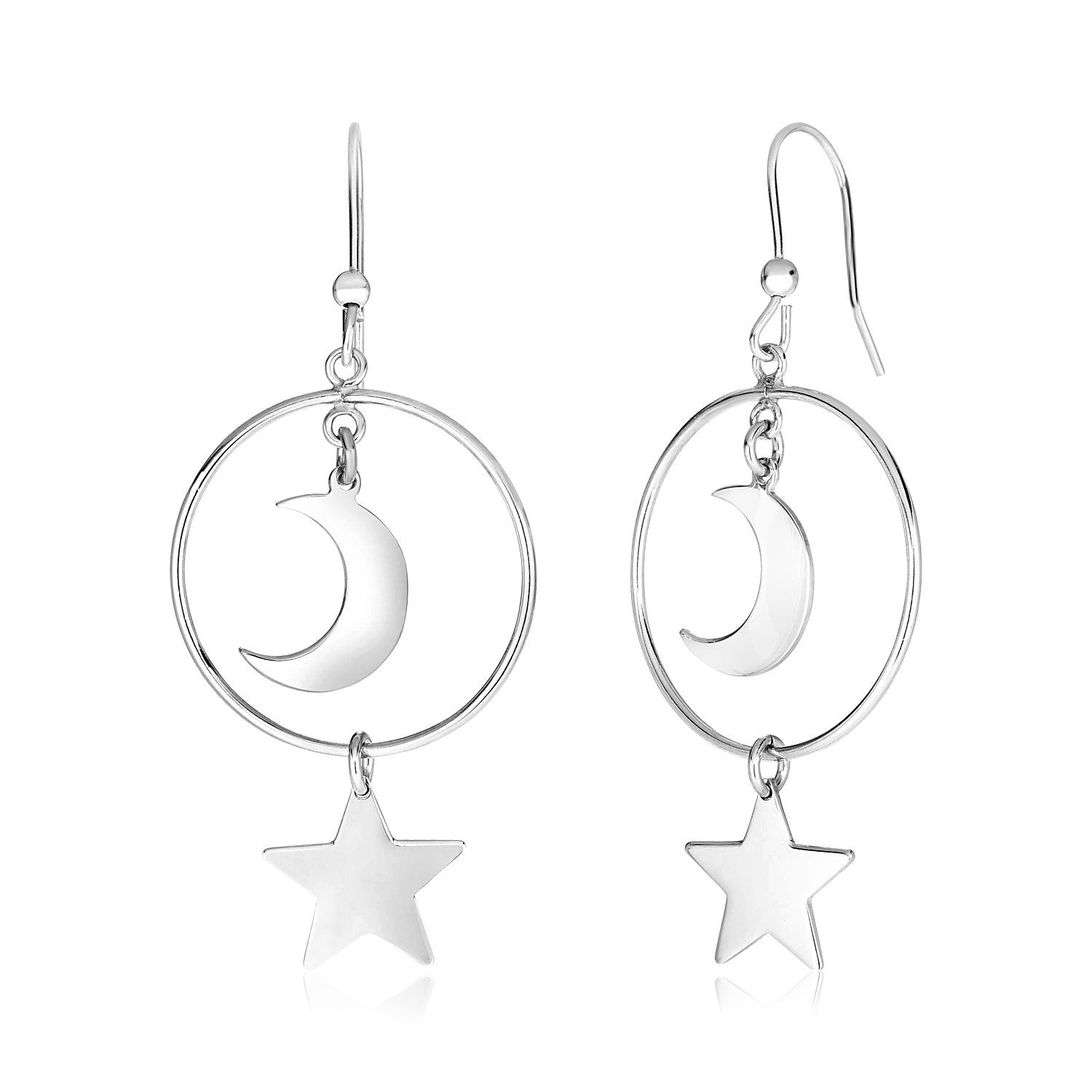 Sterling Silver Earrings with Polished Sun and Moon Sterling Silver