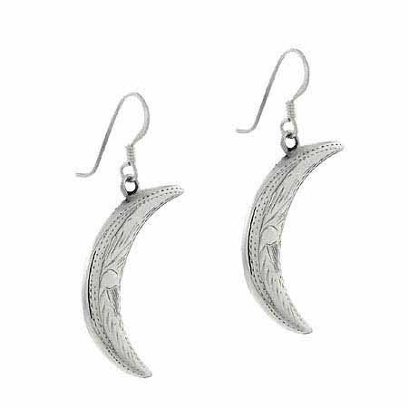 Sterling Silver Etched Design Crescent Moon Earrings E9028