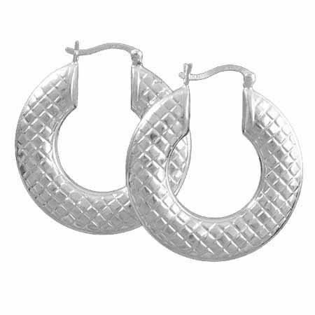 Sterling Silver Etched Design Hoop Earrings, 30mm H2282